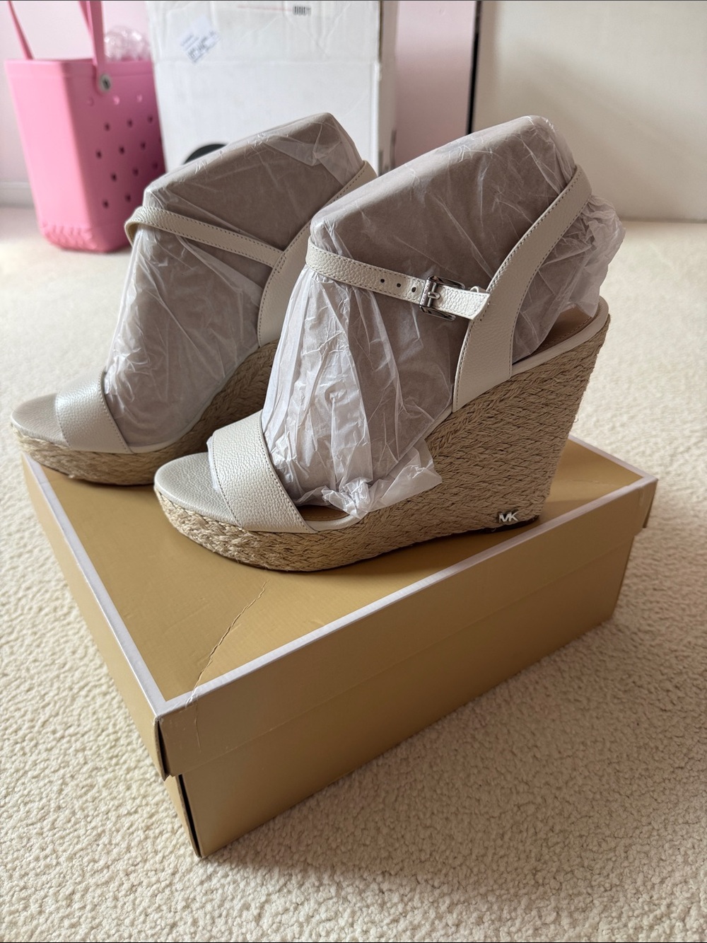 Michael Kors Cream Leather Espadrille Wedge Sandals